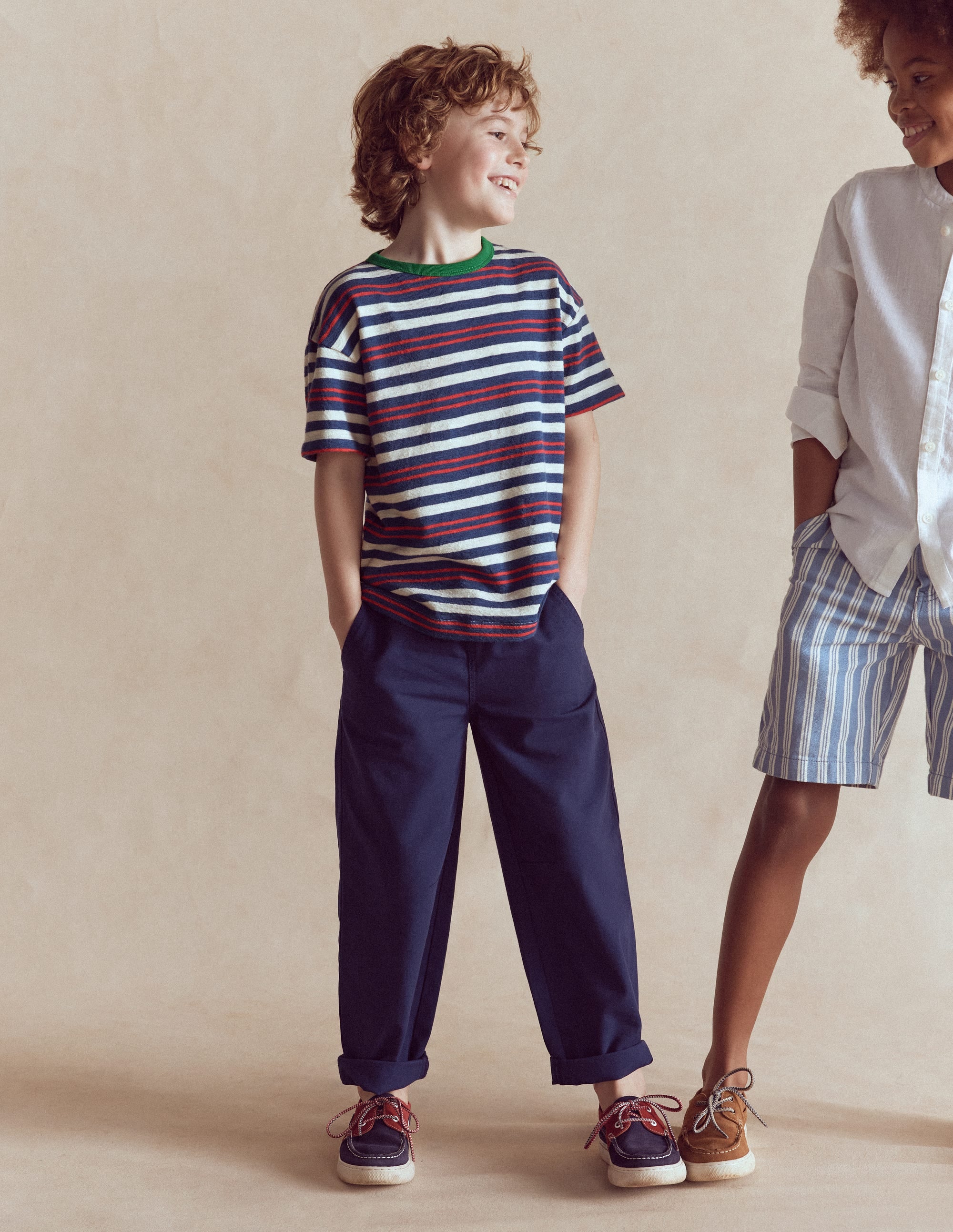Texturiertes, gestreiftes T-Shirt-Denim-Blau/Marmeladenrot - Image 2