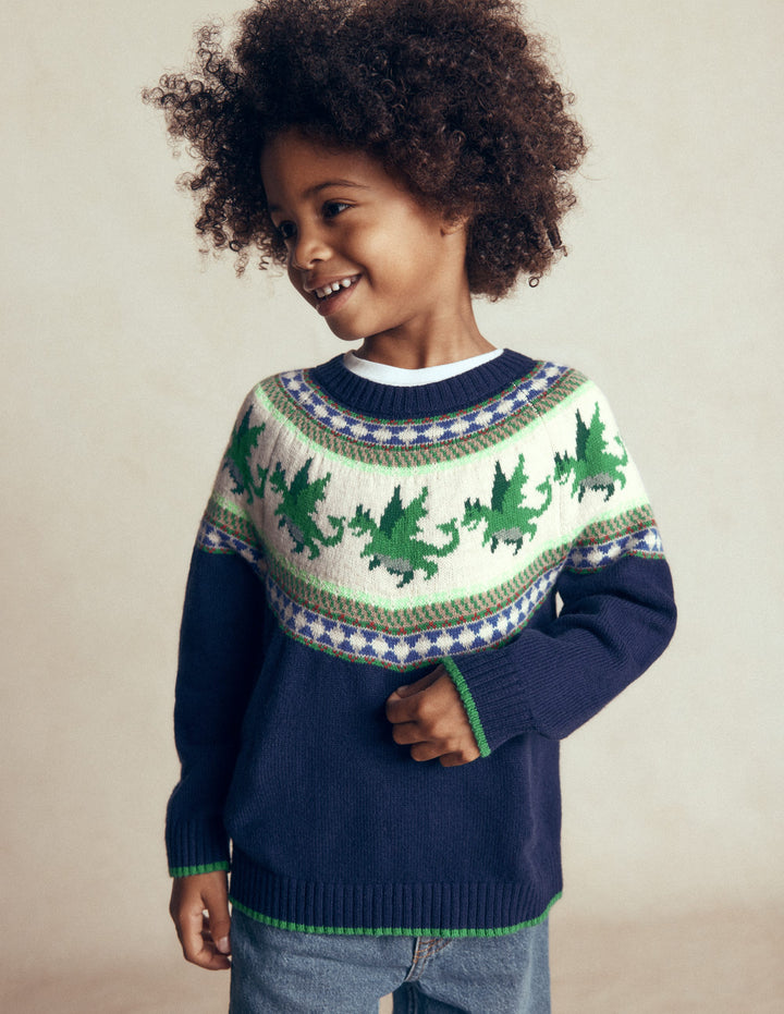 Fair-Isle-Pullover-Schuluniform-Marineblau Drachen