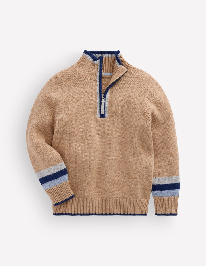 Klassischer Pullover mit halblangem Reißverschluss-Camel Meliert