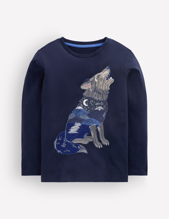 Im Dunkeln leuchtendes T-Shirt mit Superstitch-Französisches Marineblau Wolf Landschaft