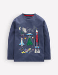 Im Dunkeln leuchtendes Langarmshirt-Vintage-Indigoblau Weihnachten Weltall
