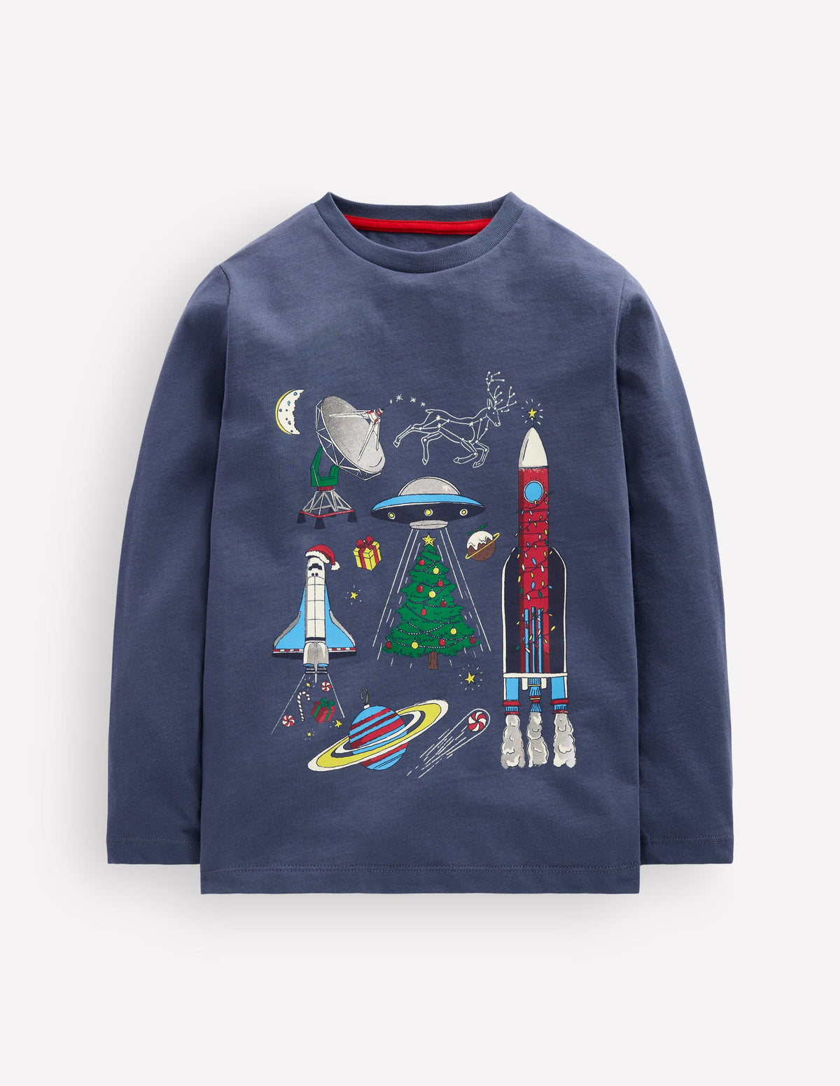 Im Dunkeln leuchtendes Langarmshirt-Vintage-Indigoblau Weihnachten Weltall - Image 1