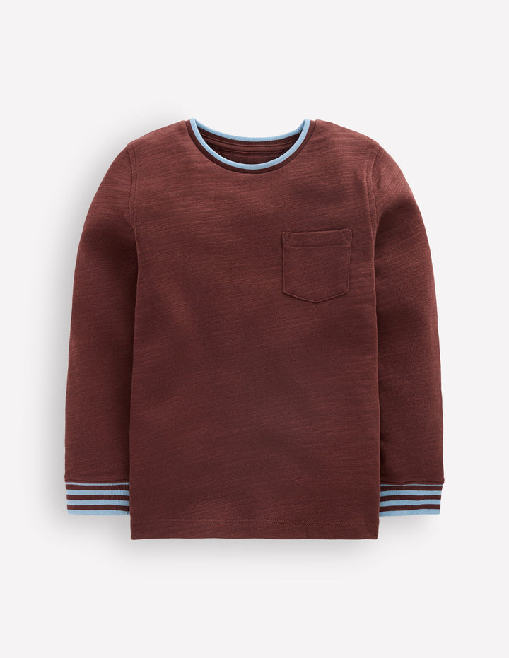 Kuscheliges, mittelschweres Langarmshirt-Waldbraun/Gletscherblau