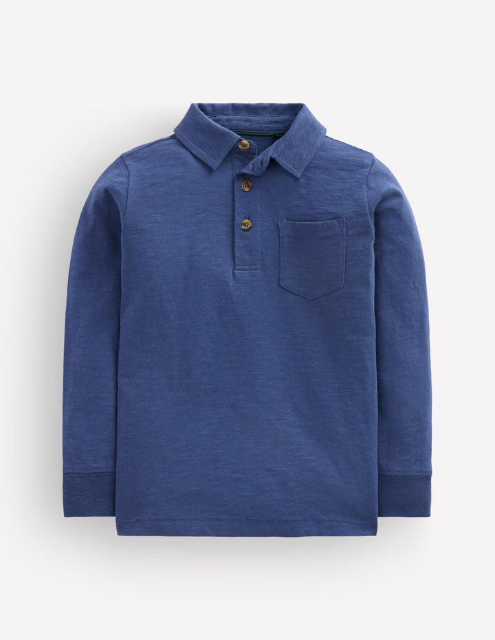 Langärmliges Poloshirt aus Flammgarn-Denim-Blau