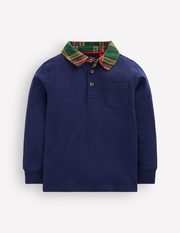 Langärmliges, elegantes Polohemd-Schuluniform-Navy/Grün, Kariert