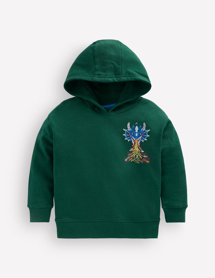 Kapuzenpullover mit Superstitch-Dunkles Smaragdgrün Drachen