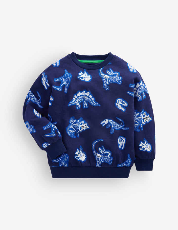 Im Dunkeln leuchtendes, bedrucktes Sweatshirt-Schuluniform-Marineblau Dino
