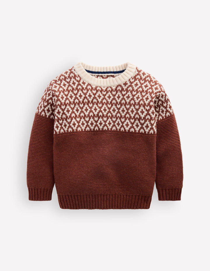 Lockerer Fair-Isle-Pullover-Ziegelbraun Meliert