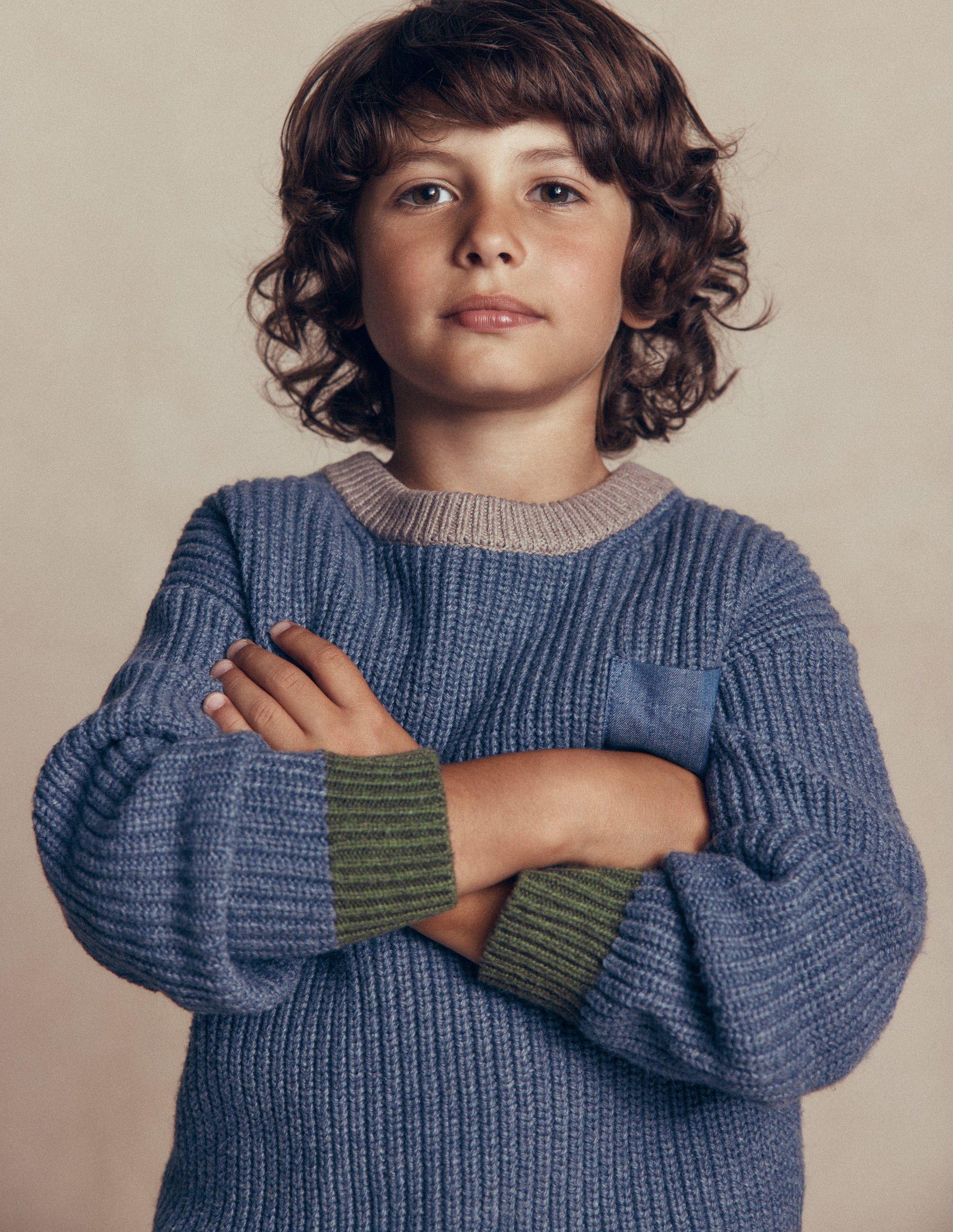 Pullover mit Kontrasttasche-Marineblau Meliert-1