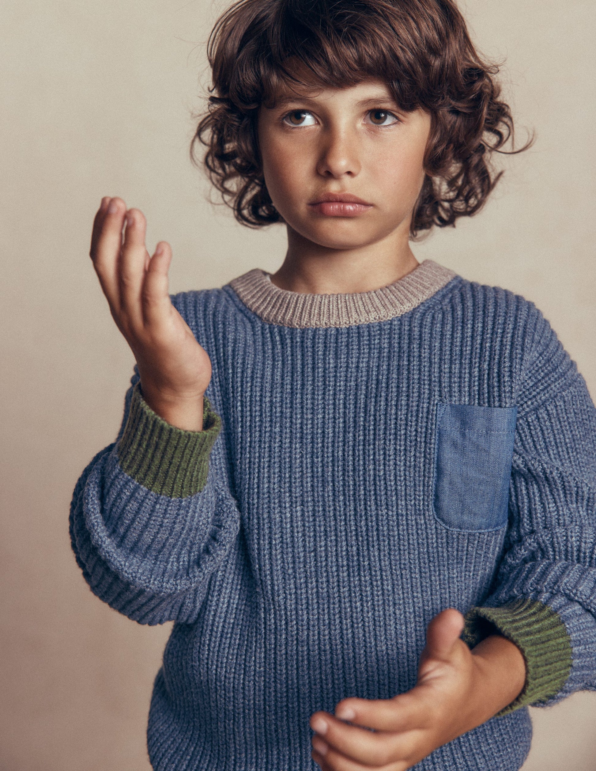 Pullover mit Kontrasttasche-Marineblau Meliert-3