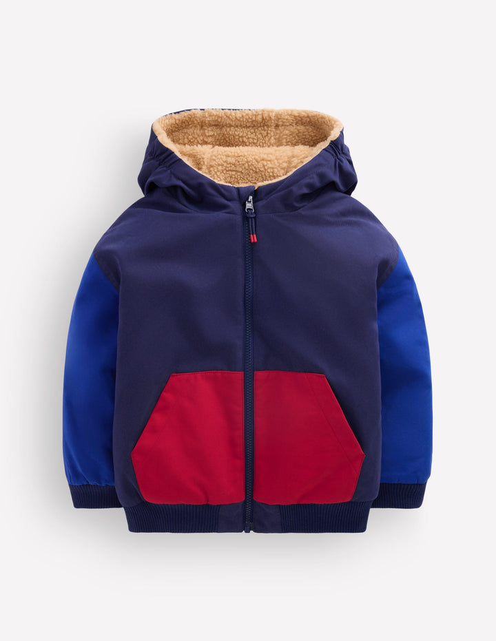 Wendbare Teddyfell-Bomberjacke-BLAU und ROT COLOR BLOCKING