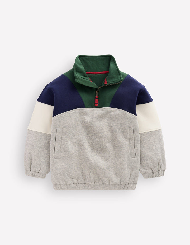 Sweatshirt mit Halbreißverschluss-Dunkelgrau, Blockfarben