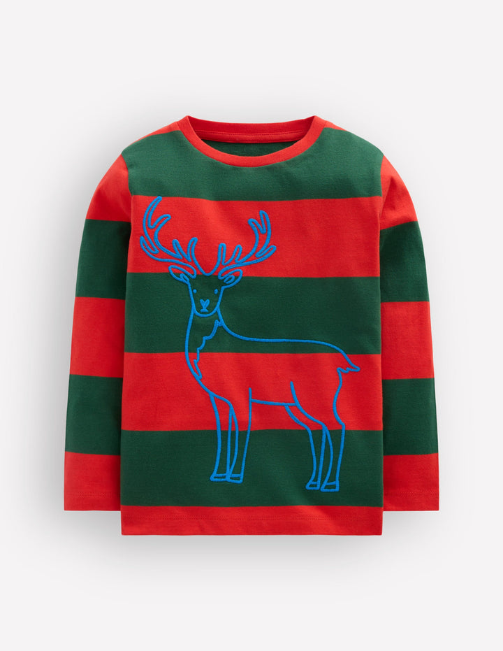 Gestreiftes Langarmshirt mit Ziernaht-Rentier