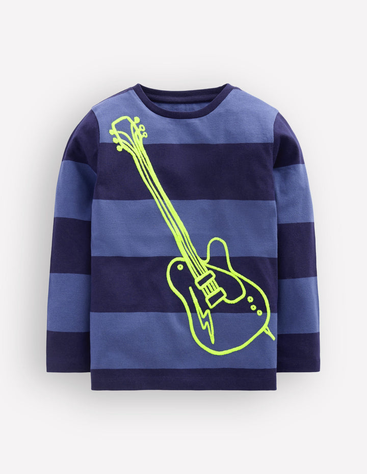 Gestreiftes Langarmshirt mit Ziernaht-Blaue Streifen, Gitarre