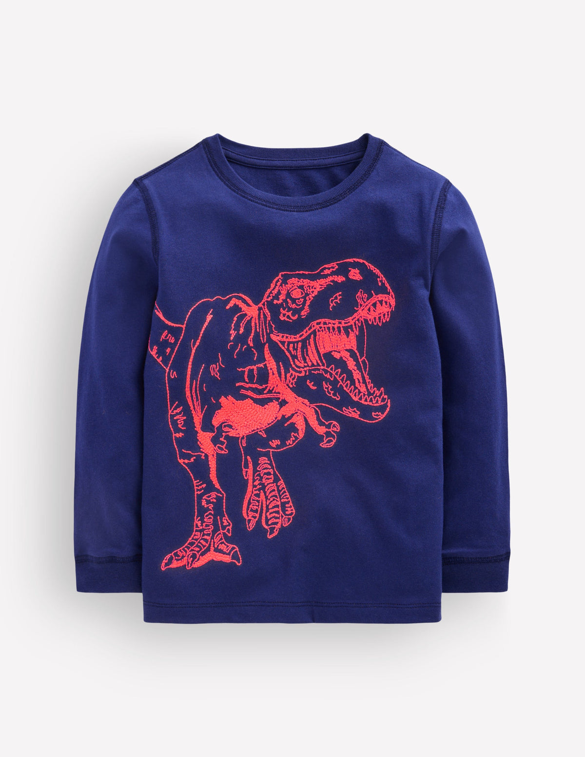 Langarmshirt mit neonfarbenem Superstitch-Design-Schuluniform-Marineblau Dino-1