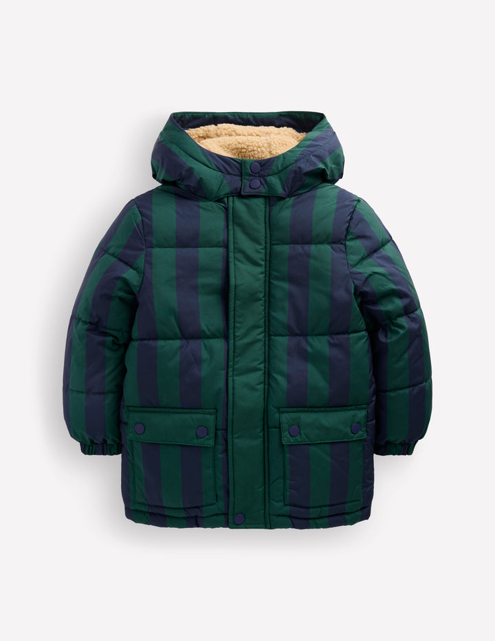 Mittellange wattierte Jacke-Grün/Marineblau gestreift