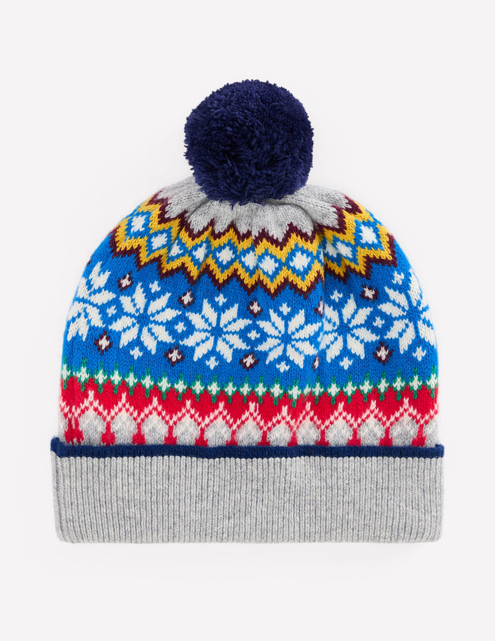 Fair-Isle-Strickmütze-Grau Meliert Schneeflocke