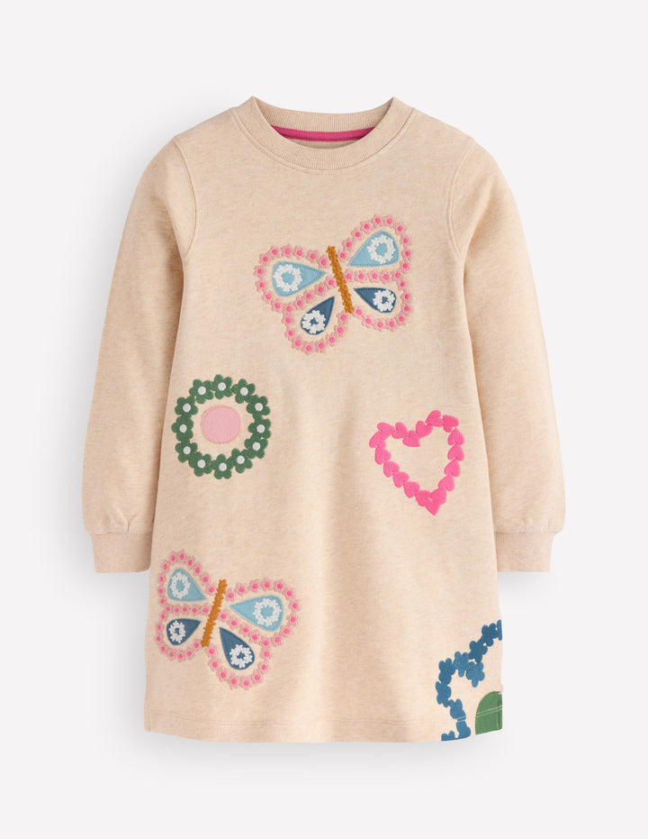 Ida Sweatshirtkleid mit Applikation-Haferbeige Schmetterlinge