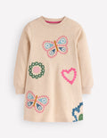 Ida Sweatshirt Appliqué Dress-Oatmeal Butterlies