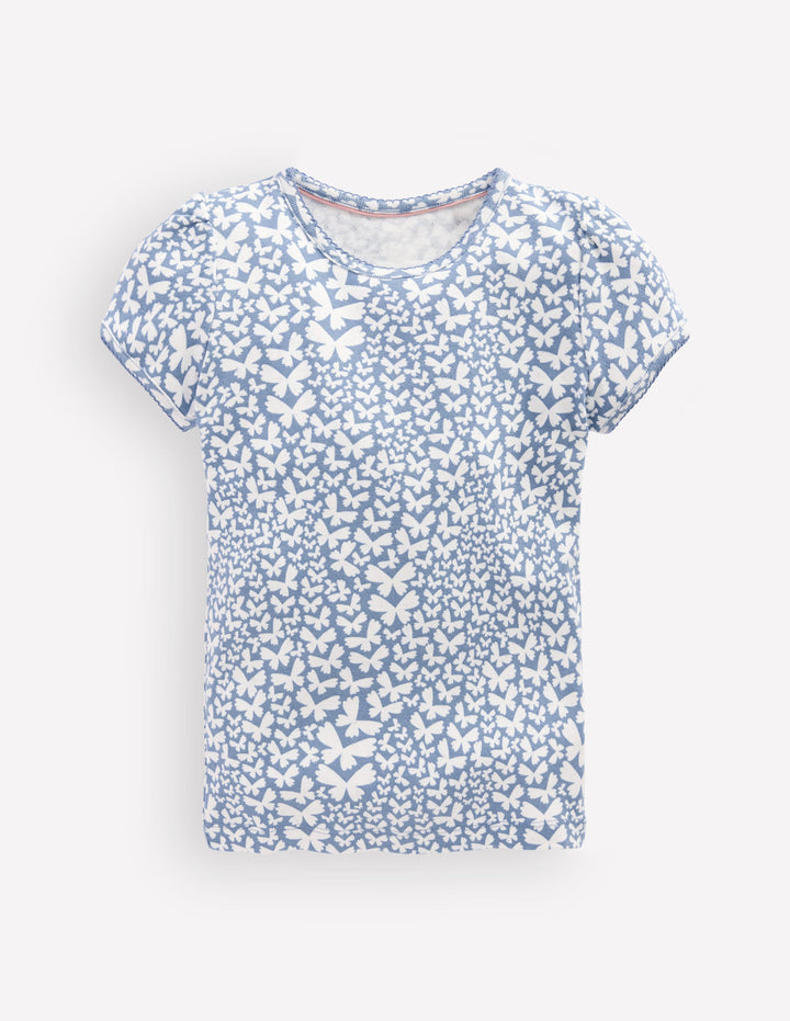 Kurzärmliges Pointelle-Oberteil-Klares Blau Schmetterlinge