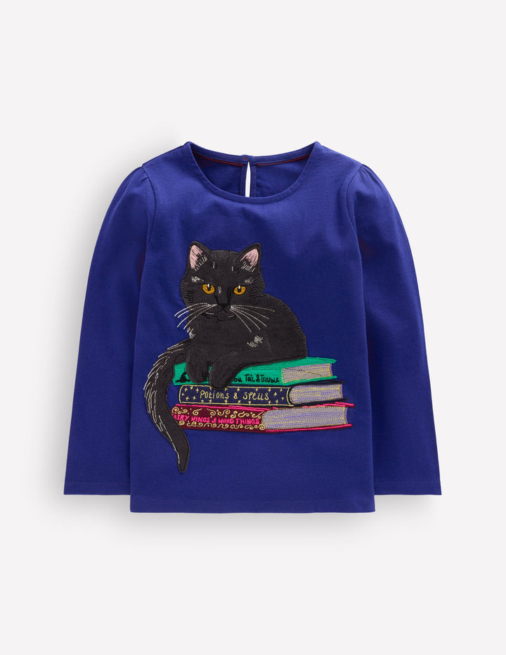 Langarmshirt mit Puffärmeln und Applikation-Leuchtendes Blau Katze