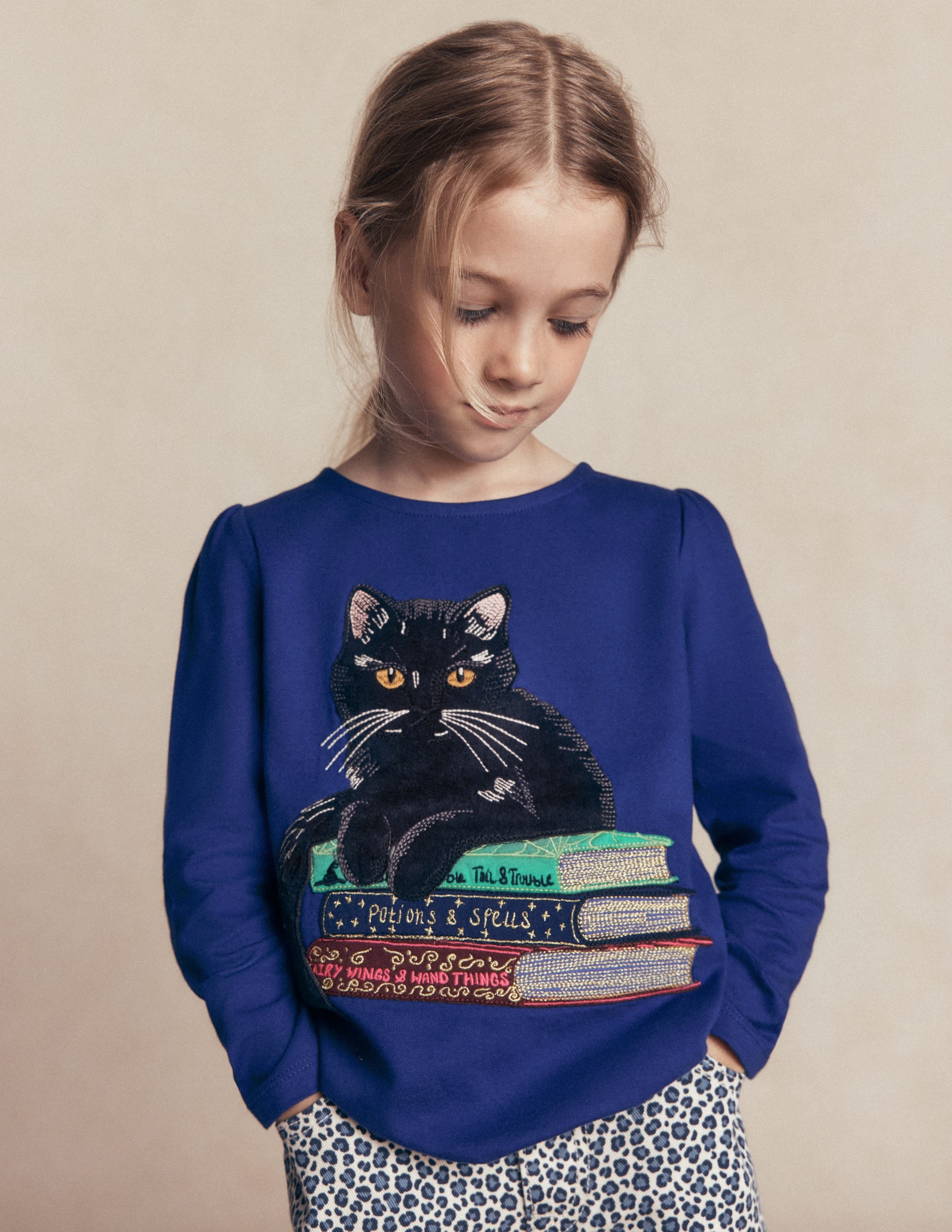 Langarmshirt mit Puffärmeln und Applikation-Leuchtendes Blau Katze - Image 1