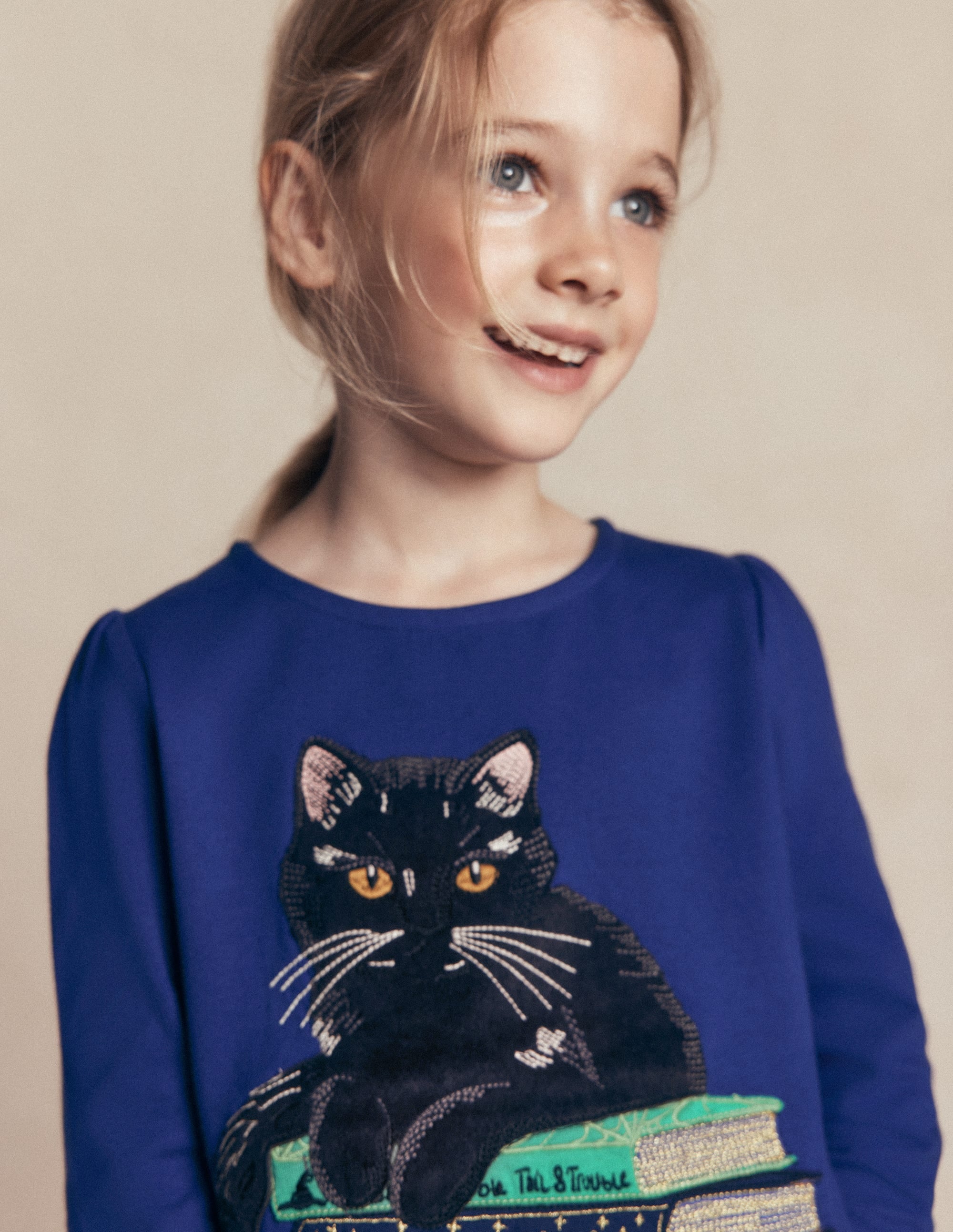 Langarmshirt mit Puffärmeln und Applikation-Leuchtendes Blau Katze - Image 2
