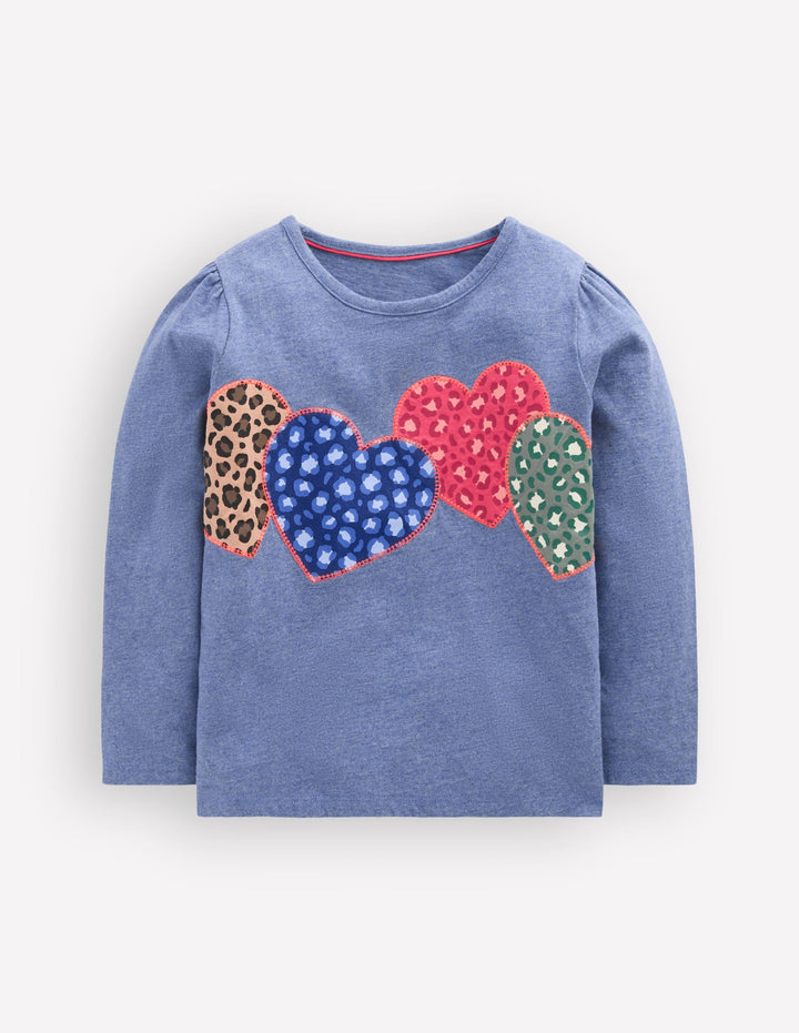 Langarmshirt mit Puffärmeln und Applikation-Blau Meliert Patchwork-Herzen