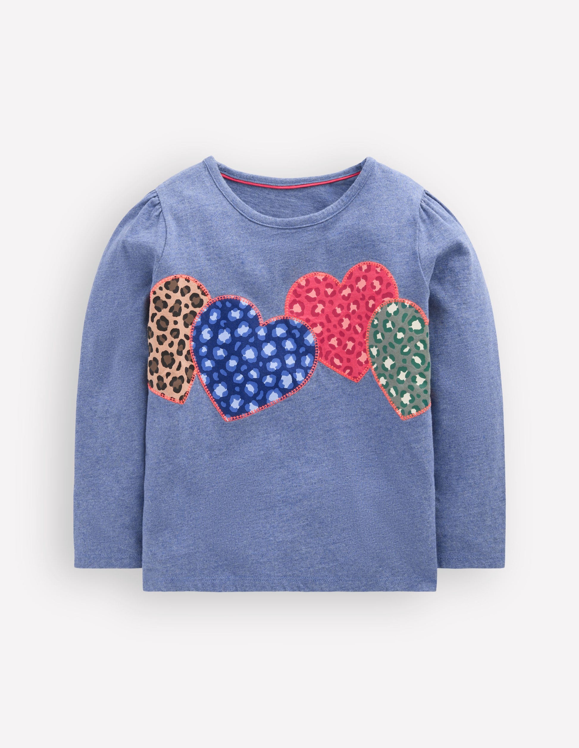 Langarmshirt mit Puffärmeln und Applikation-Blau Meliert Patchwork-Herzen-1