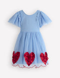Kurzärmliges Tüllkleid mit Logo-Blau Herzen