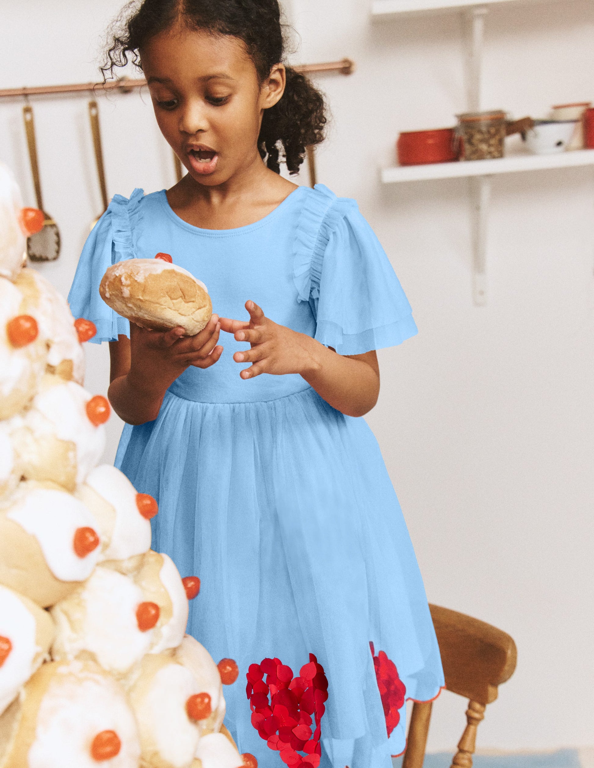 Kurzärmliges Tüllkleid mit Logo-Blau Herzen-1