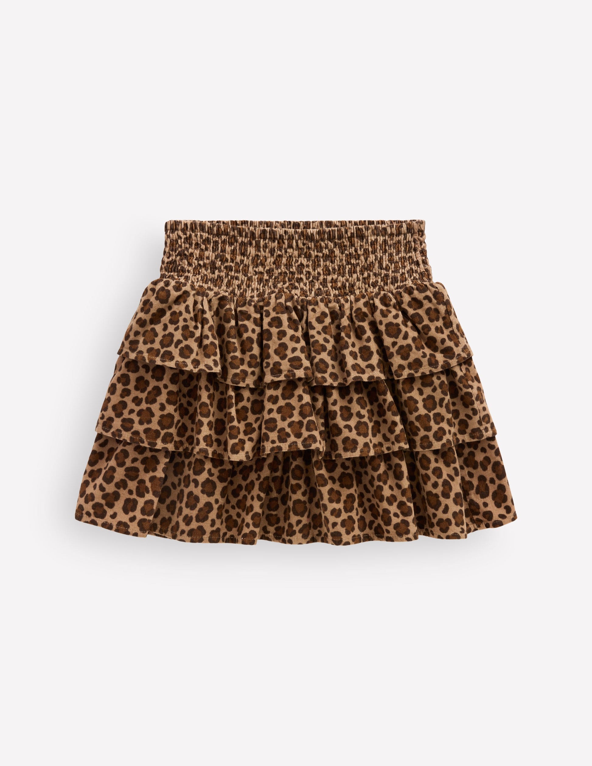 Gesmokter Taillenrock mit Rüschen-Braun Leopardenmuster Cord-1
