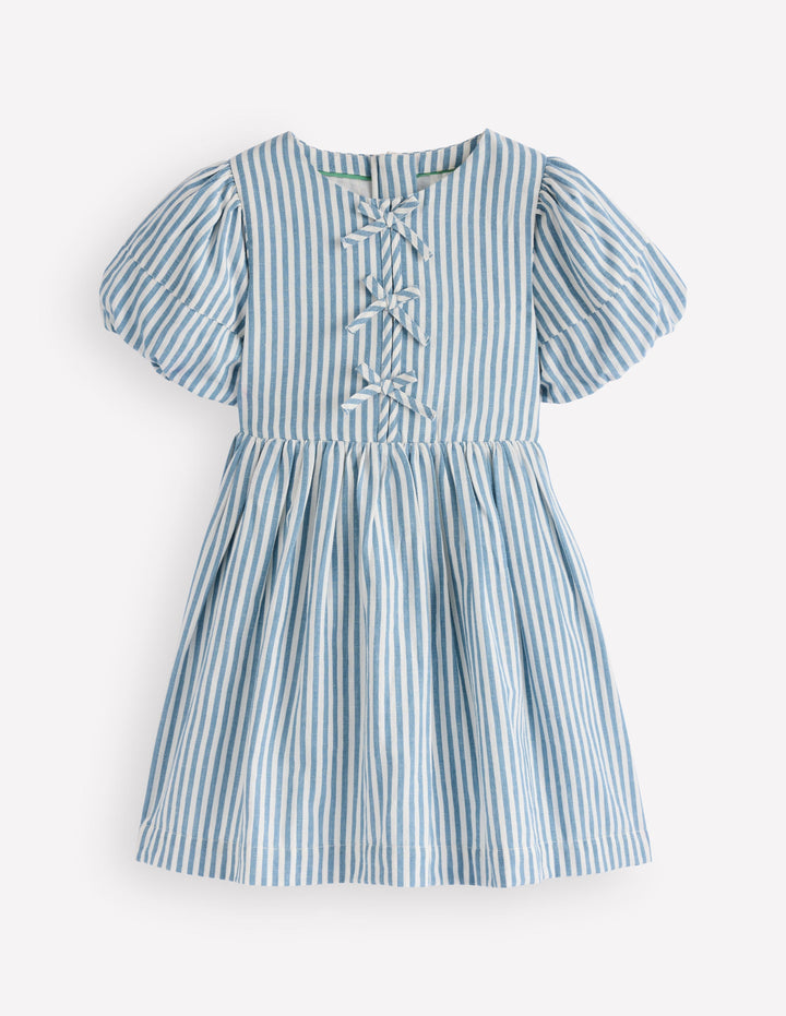 Gewebtes Kleid mit Schleife vorn-Blau Streifen