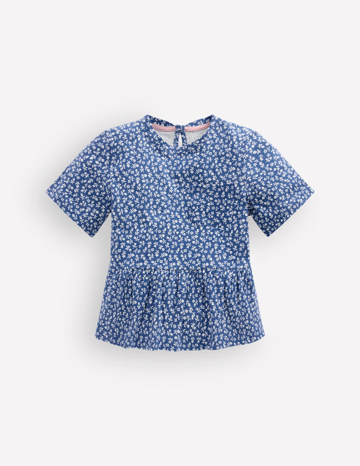 Kurzärmliges Oberteil mit Schößchen-Blauhäher Kleines Blumenmuster