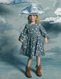 Madeline Kleid mit Blousonärmeln-Saphirblau Blumenmuster Vogel