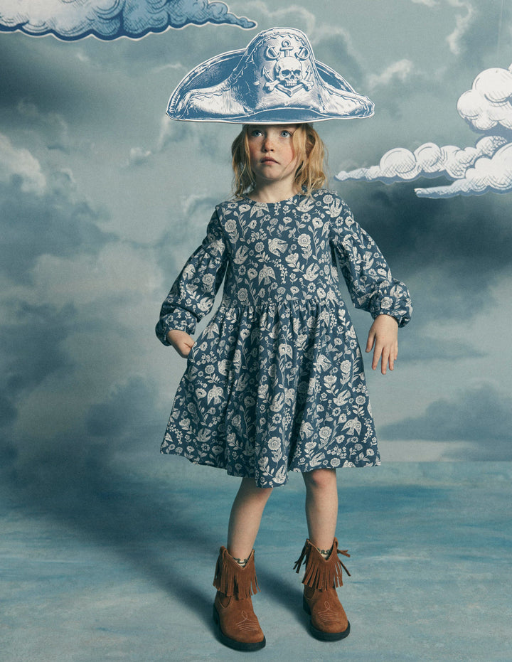 Madeline Kleid mit Blousonärmeln-Saphirblau Blumenmuster Vogel