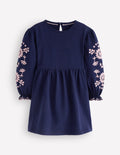 Robe à manches brodées-Bleu denim