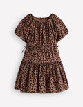 Gewebtes Kleid mit Schleife an der Taille-Leopardenmuster