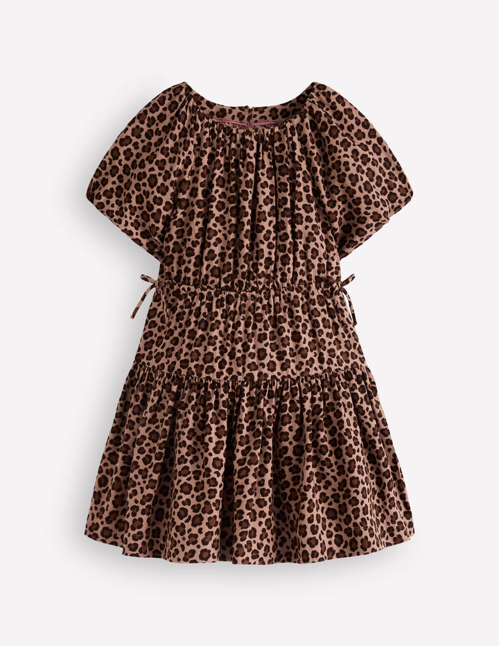 Gewebtes Kleid mit Schleife an der Taille-Leopardenmuster