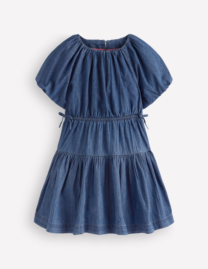 Gewebtes Kleid mit Schleife an der Taille-Mittlere Mischung Denim