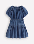 Gewebtes Kleid mit Schleife an der Taille-Mittlere Mischung Denim