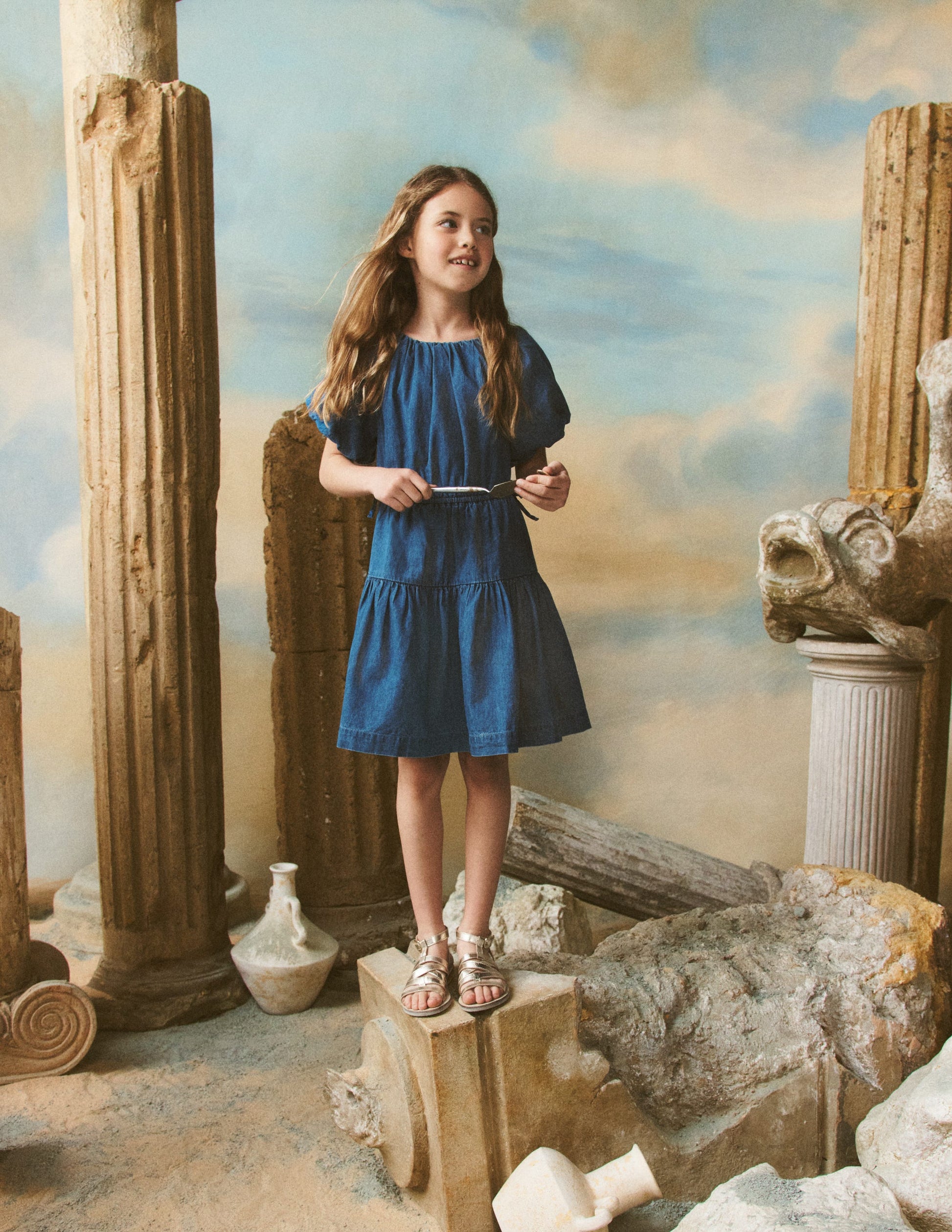 Gewebtes Kleid mit Schleife an der Taille-Mittlere Mischung Denim-4