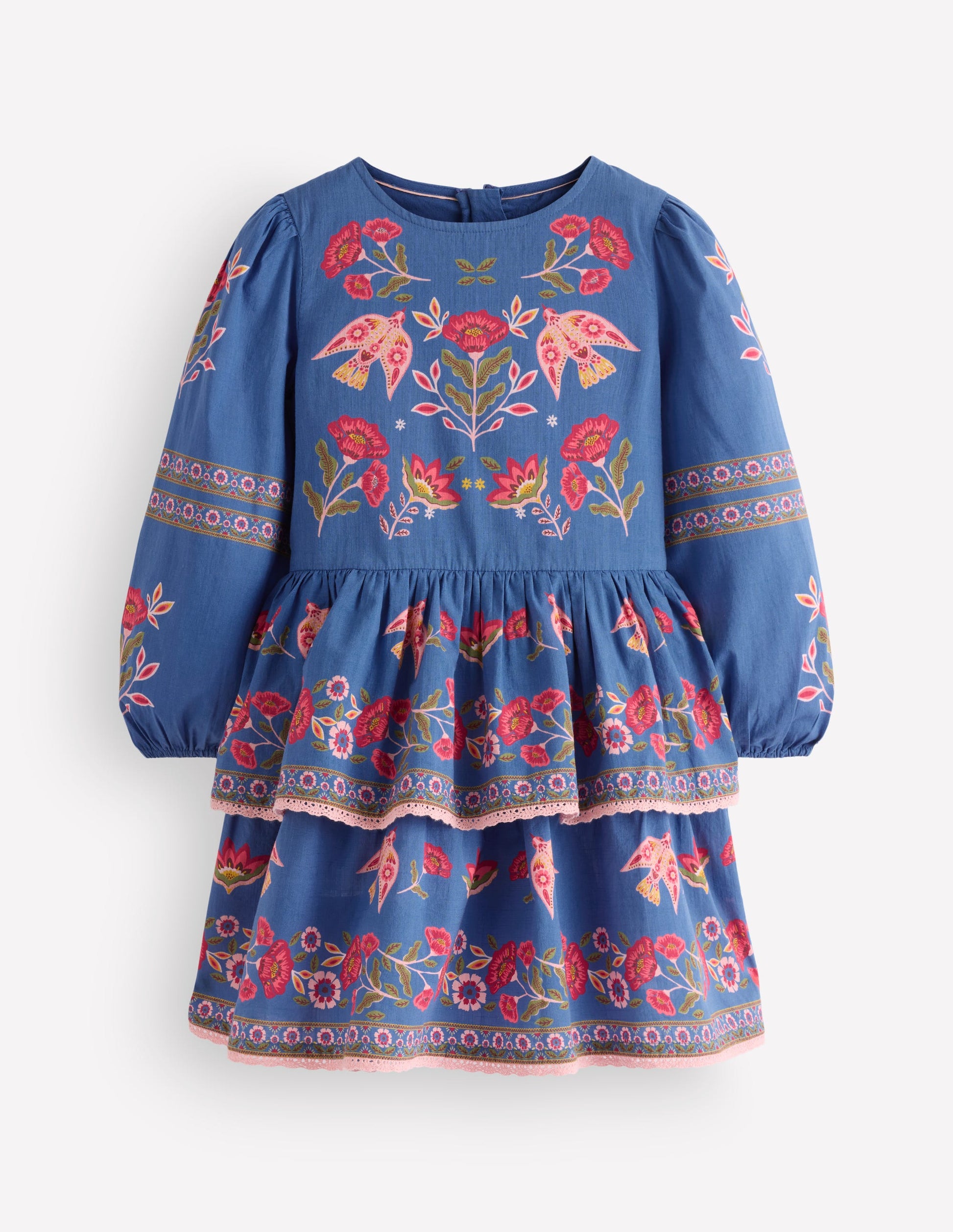 Gewebtes Stufenkleid mit Muster-Blau Platzierter Vogeldruck-2