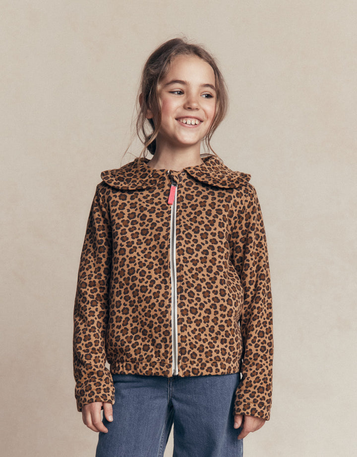 Bedruckte Jacke mit Kragen und Reißverschluss-Milchschokoladenbraun Leopardenmuster