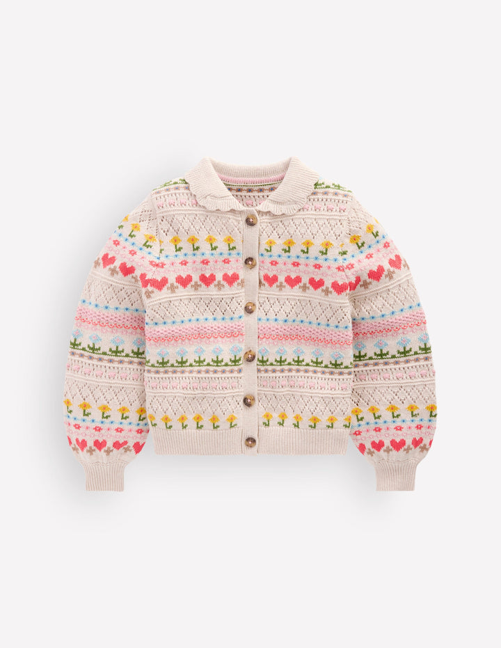 Strickjacke mit Kragen-Beige Meliert mit Blumen