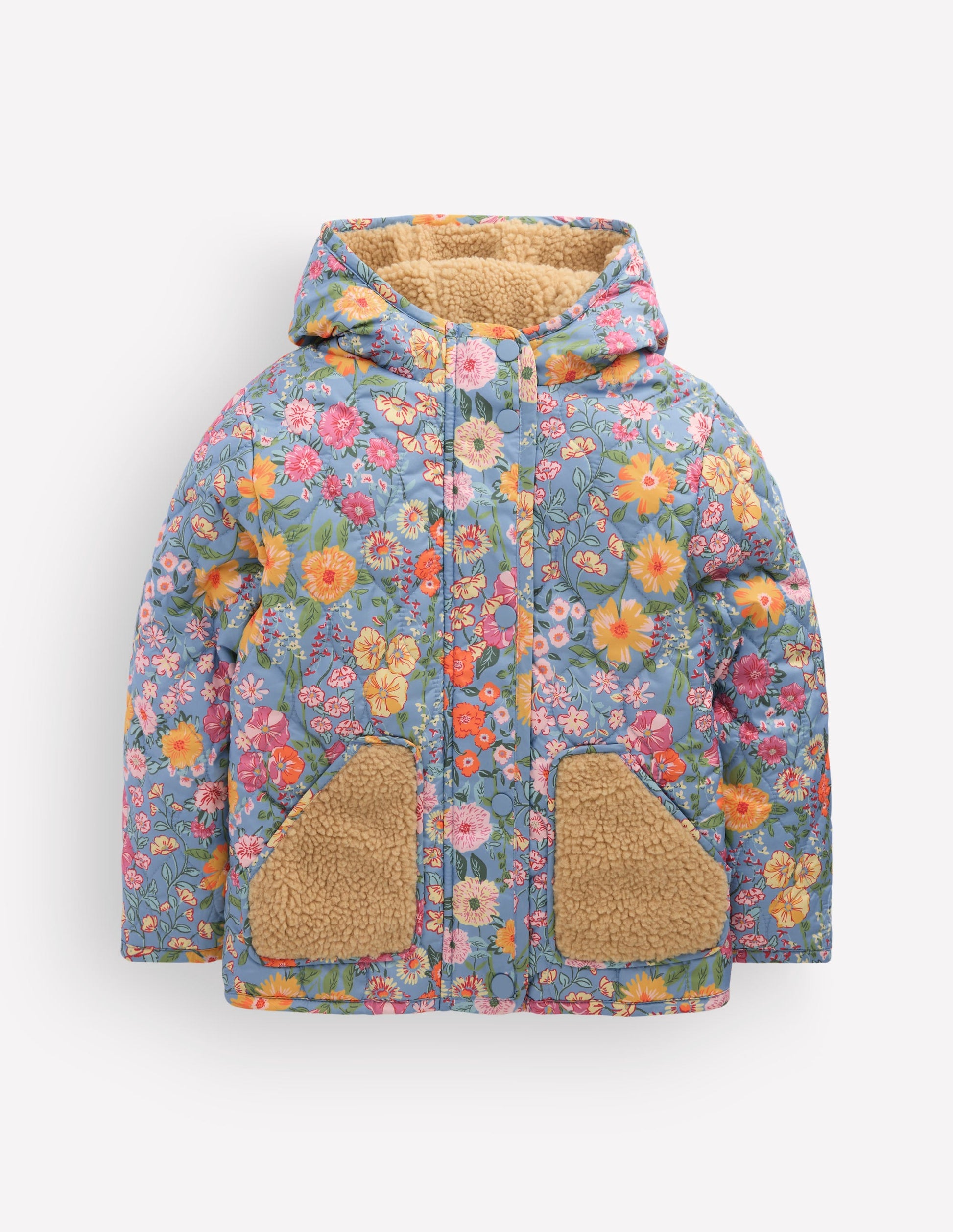 Wattierte Teddyfell-Jacke-Blau Geblümt-2
