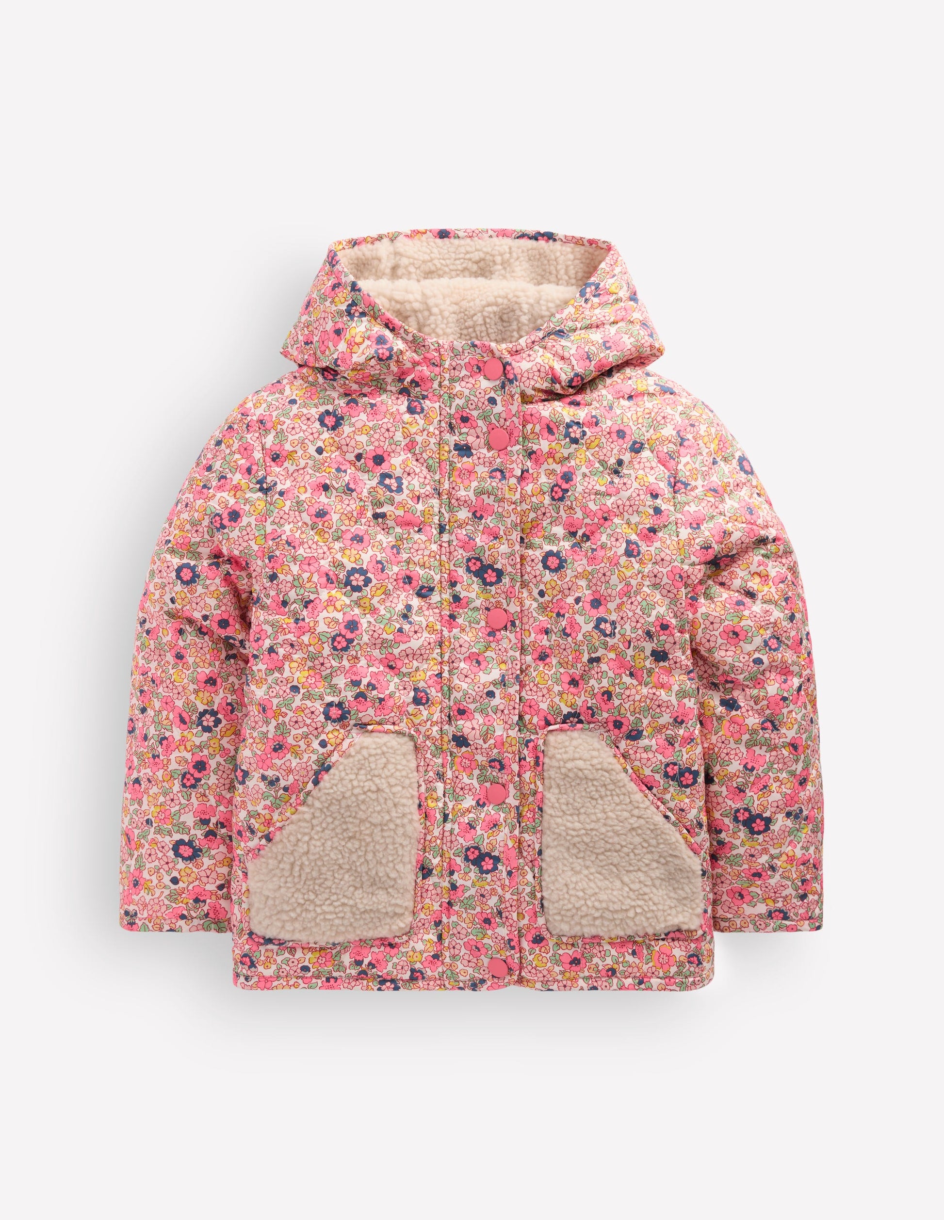 Wattierte Teddyfell-Jacke-Rosa Blumenwiese-1