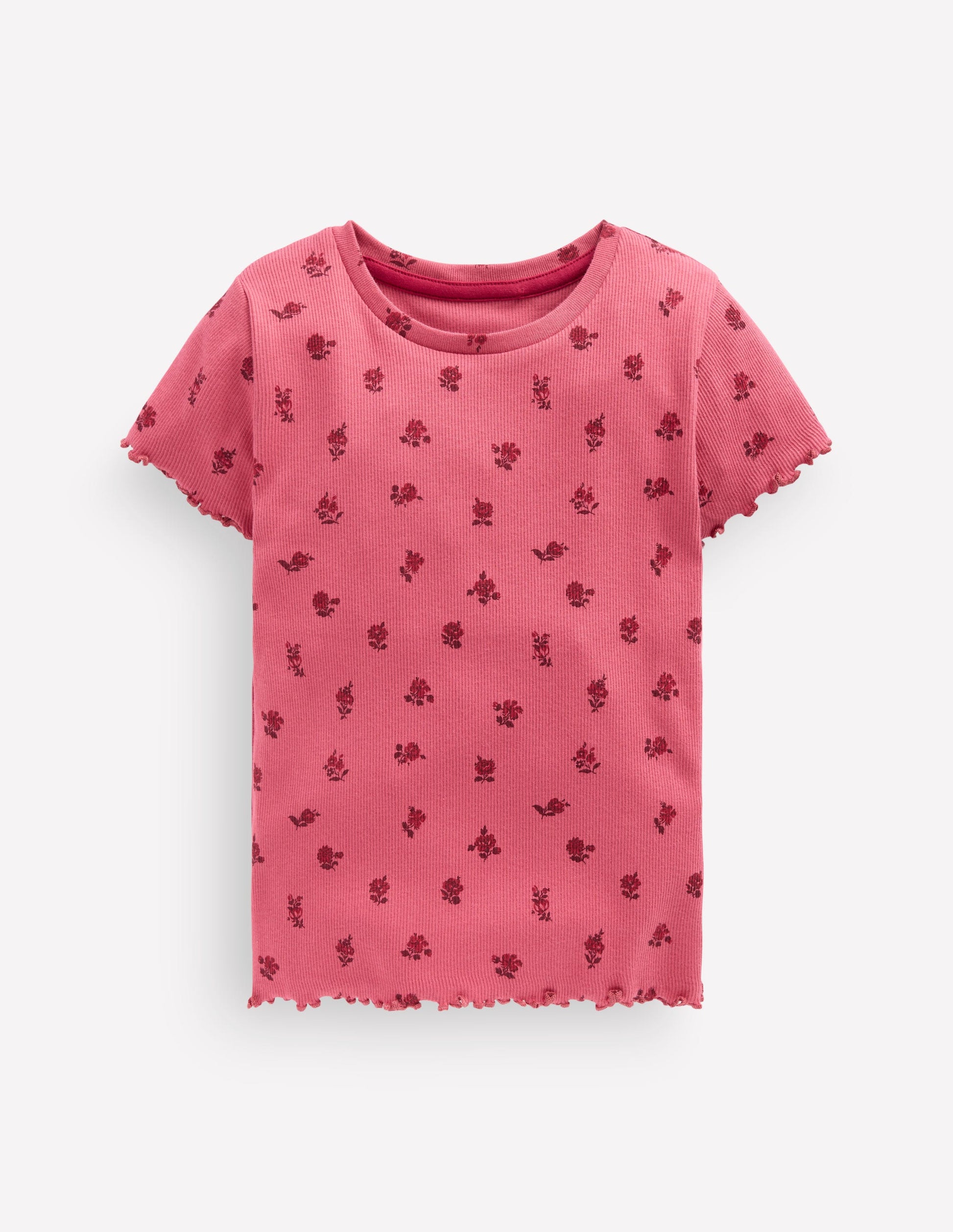 Geripptes T-Shirt-Rot, Blumenmuster-1