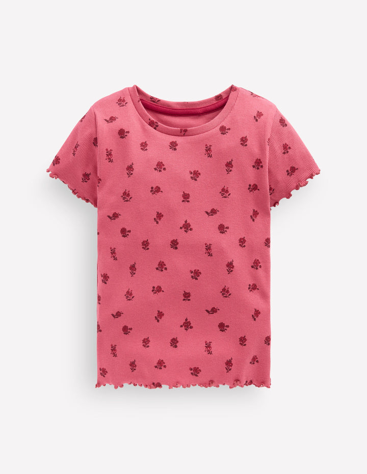 Geripptes T-Shirt-Rot, Blumenmuster