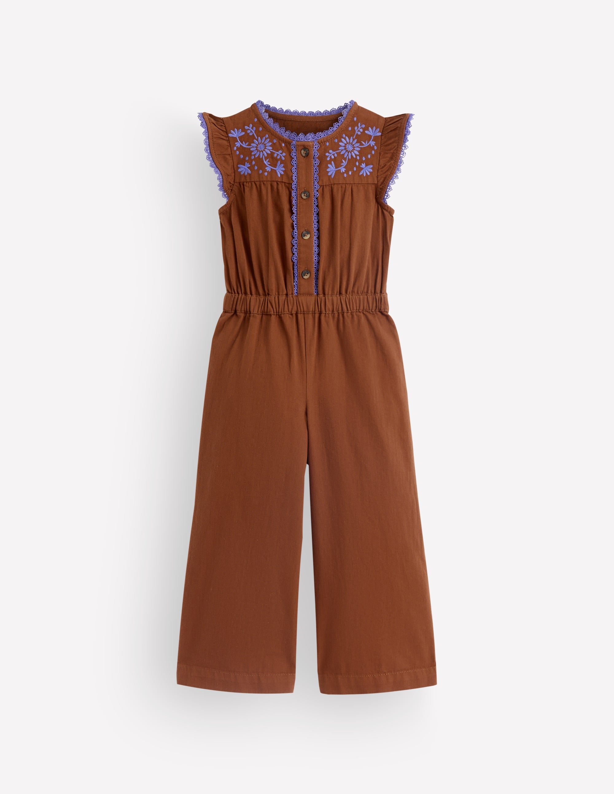 Jumpsuit aus Denim mit Flatterärmeln-Braun Stickerei - Image 2